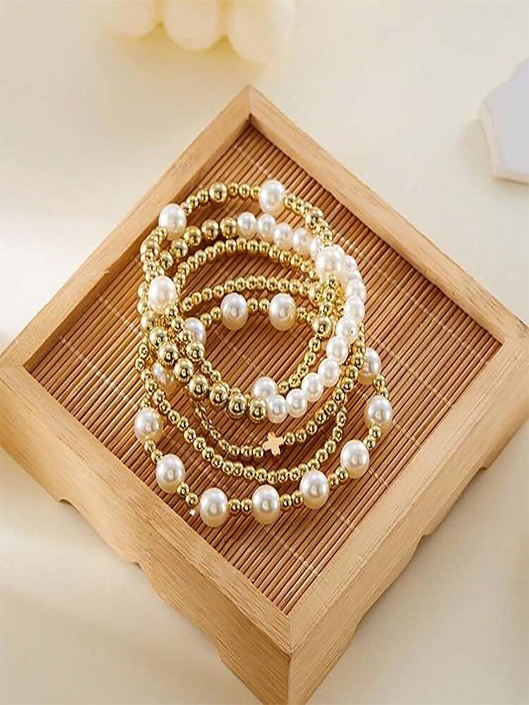 5Pcs Bohemian Gold Beaded Bracelet Set - Women's  Faux Pearl Stretch Bracelets, Stackable Cross C... | SHEIN