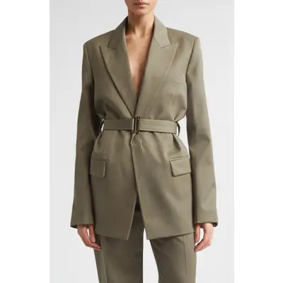 Victoria Beckham Tailored Belted Wool Blend Twill Jacket in Sage Melange at Nordstrom, Size 8 Us | Nordstrom