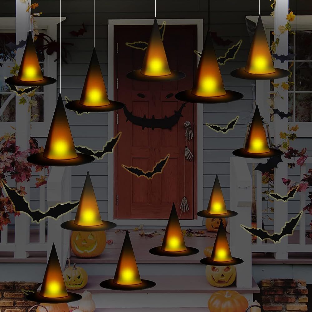 Halloween Black Witch Hats DIY Floating Light up Witch Hats with Tea Lights 3D Bats Wall Decorations | Amazon (US)
