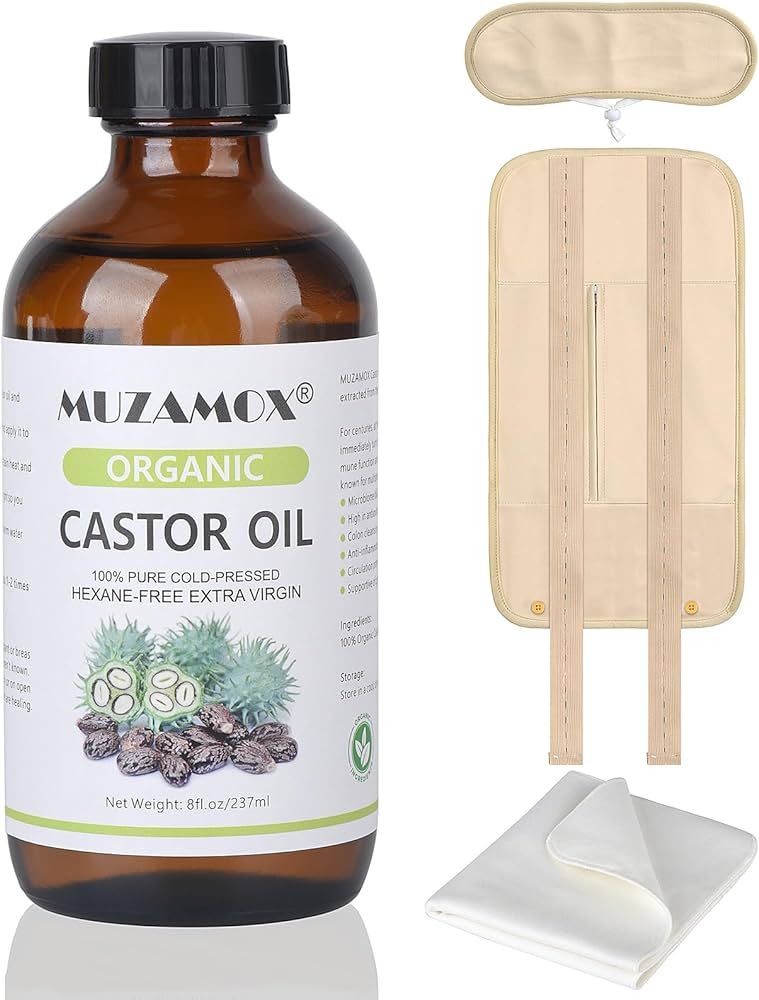 MUZAMOX Castor Oil Organic Cold Pressed Unrefined Glass Bottle (8fl.oz/237ml), Castor Oil Pack Wr... | Amazon (US)