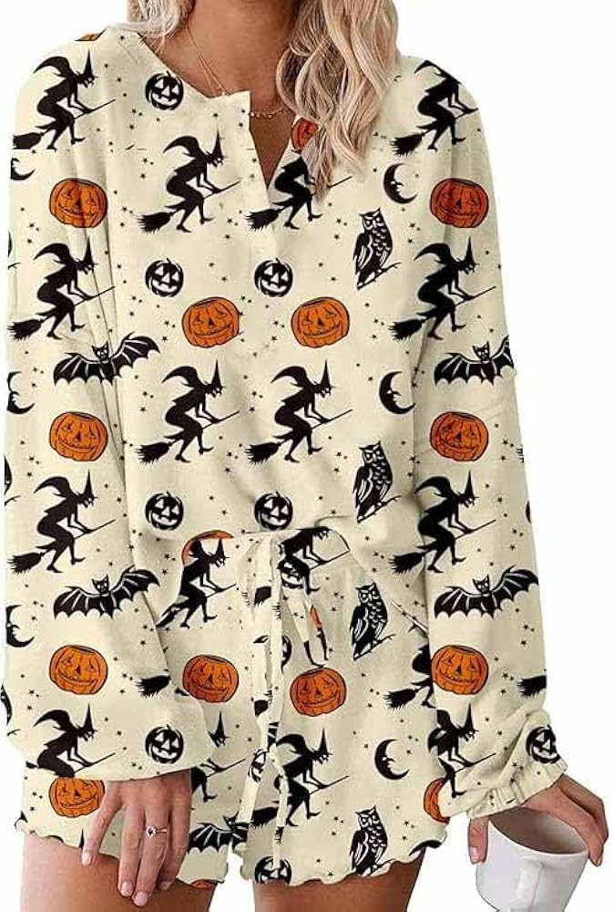 Women's Ruffle Long Sleeve Tops and Shorts Funny Jack O Lartern Halloween Pumpkin Face Pajamas Se... | Amazon (US)