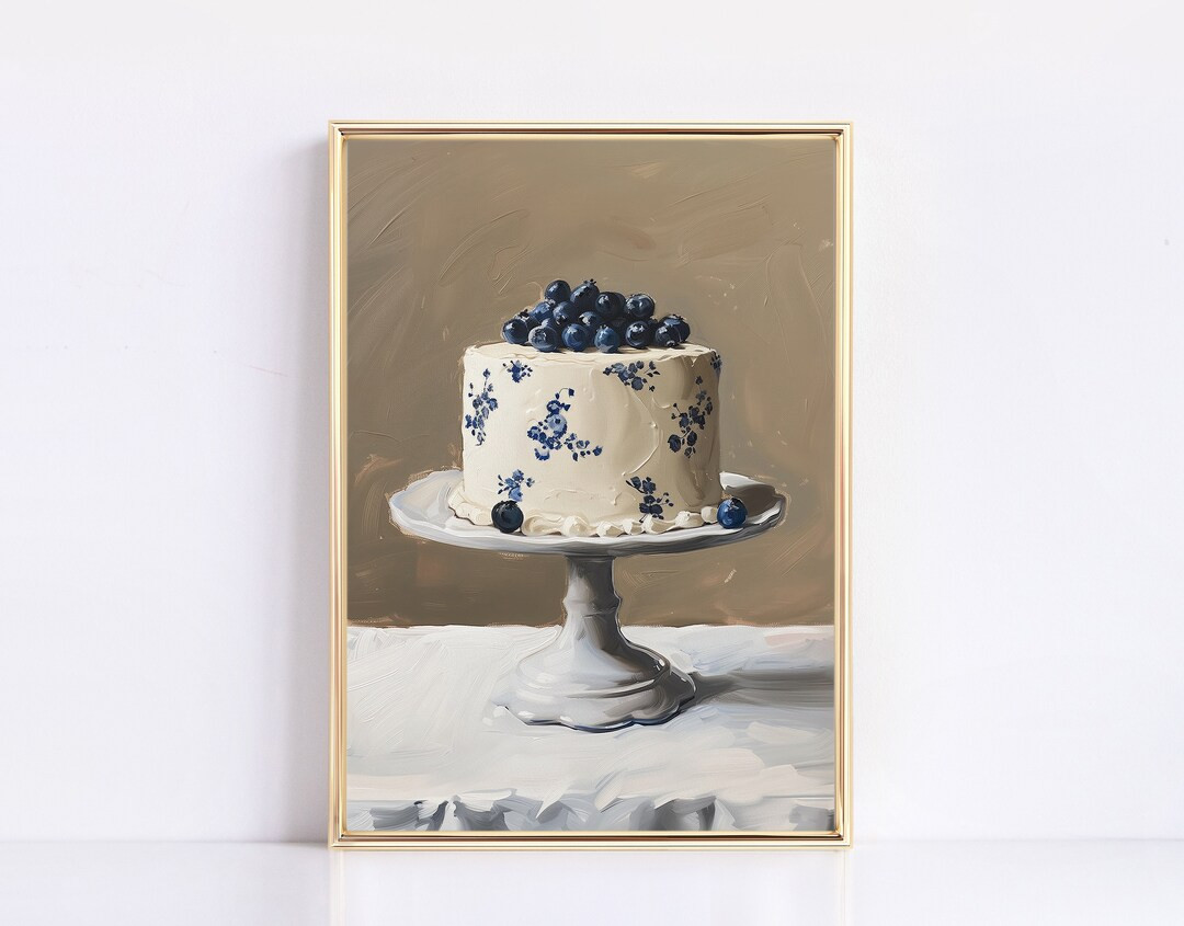 Blueberry Chinoiserie Cake Vintage Muted Tone Painting Digital Print Neutral Vintage Girly Food A... | Etsy (US)