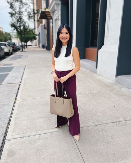 White sleeveless sweater (XS)
Burgundy pants (4P)
Taupe tote bag
Beige suede pumps

Ann Taylor outfit
Teacher outfit
Business casual outfit
Smart casual outfit
Fall work outfit
Fall outfit
Beige block heel pumps
White mock neck top

#LTKfindsunder100 #LTKstyletip #LTKworkwear