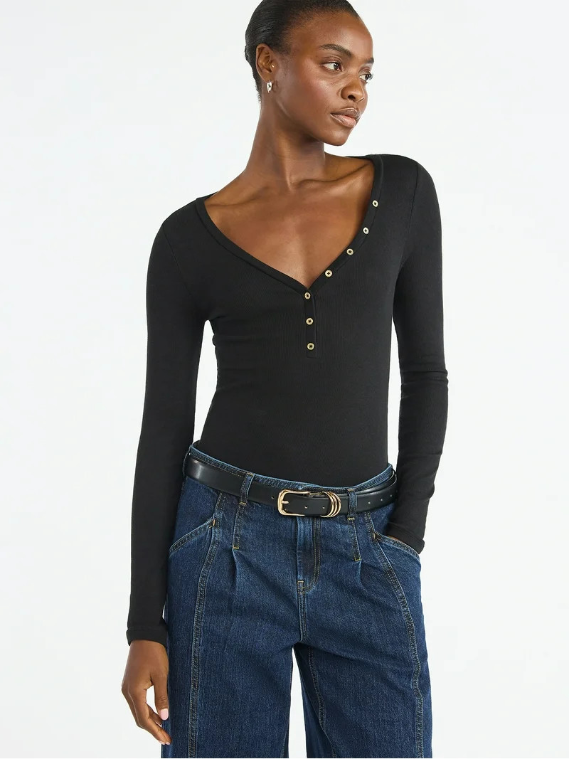 Scoop Women’s Ribbed V Neck Henley Top with Long Sleeves, Sizes XS-XXL | Walmart (US)