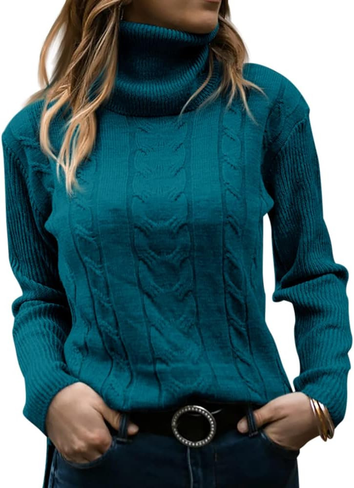 Langwyqu Womens' Turtleneck Long Sleeve Cable Knit Sweaters | Amazon (US)