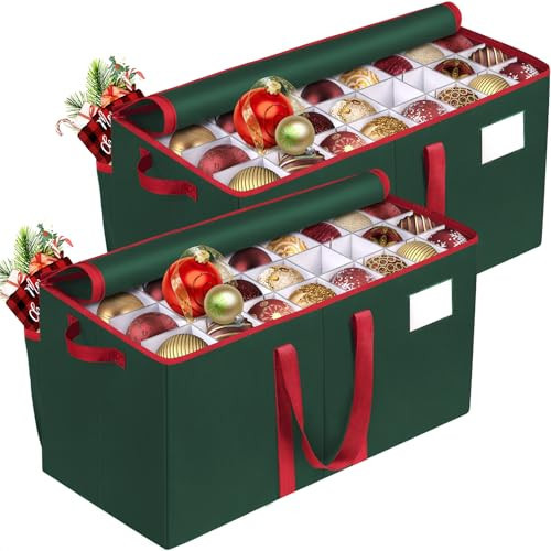 RoomHacks Christmas Ornament Storage Box, Store Up to 128 Ornaments, Christmas Storage Container, Dual Zipper & Adjustable, Large Organizer Bin to Protect and Store Holiday Ornaments (Green-2 Pack) | Amazon (US)