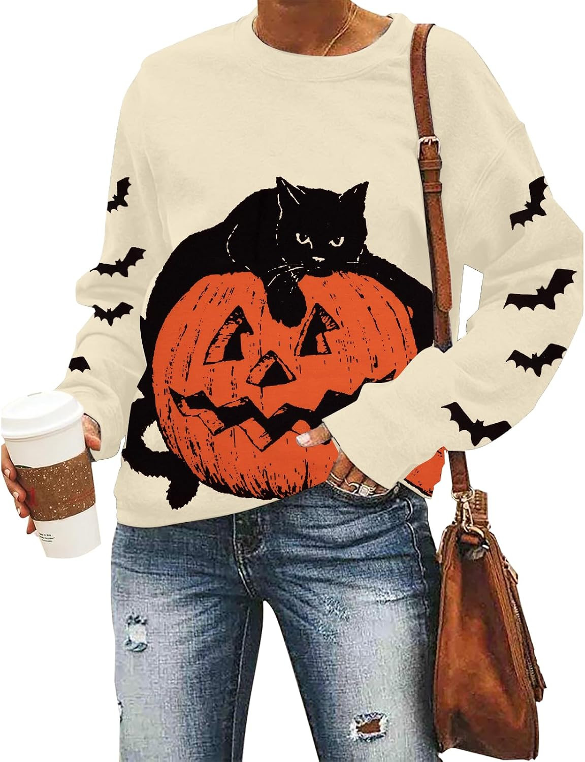 Black Cat on Pumpkin Sweatshirt Halloween Sweatshirts for Women Fall Pumpkin Face Tee Lightweight Pullover Tops | Amazon (US)