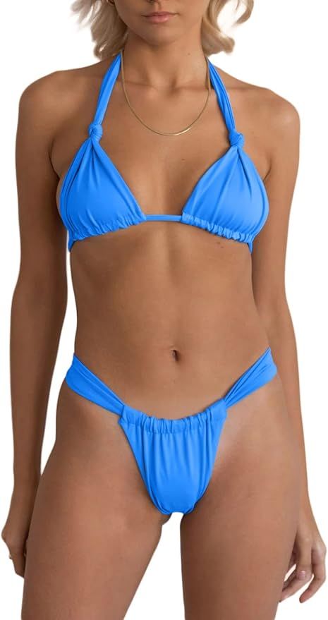Women Two Piece Swimsuits Halter Triangle String Bikini Sets Sexy Ruched Brazilian Cheeky Thong B... | Amazon (US)