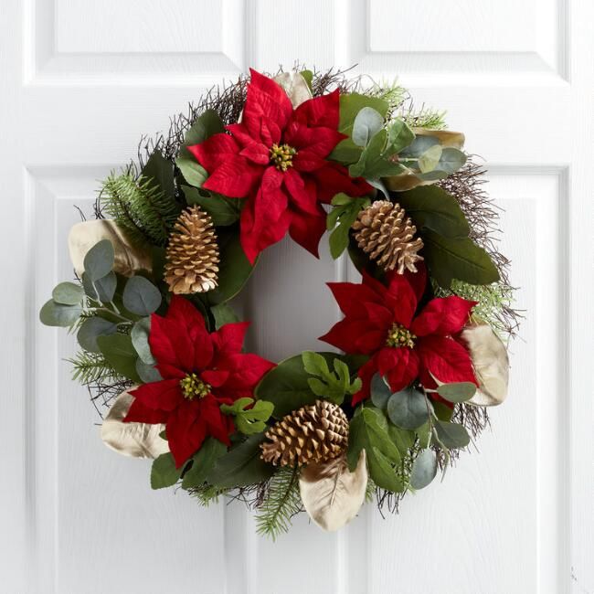 Pier Place Red Faux Poinsettia and Gold Leaf Wreath | World Market