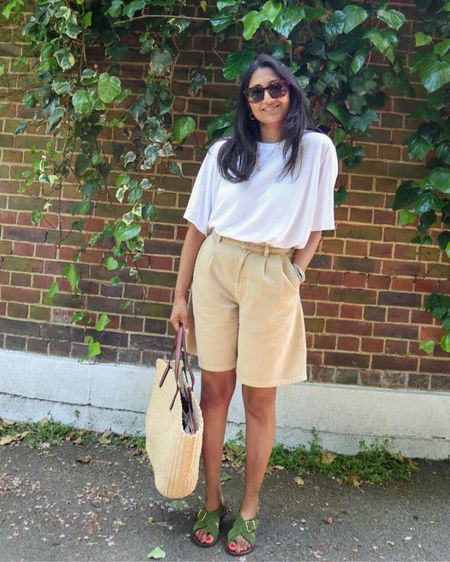 Casual summer outfit, oversized t-shirt, Arket, the white company, summer bag, boxy t-shirt, boxy shorts, mid length shorts, Sezane sandals, green sandals, spring outfit 

#LTKstyletip #LTKspring #LTKeurope