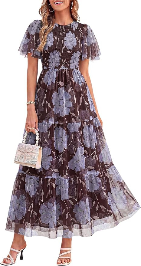PRETTYGARDEN Women Tulle Floral Flowy Maxi Dress | Amazon (US)
