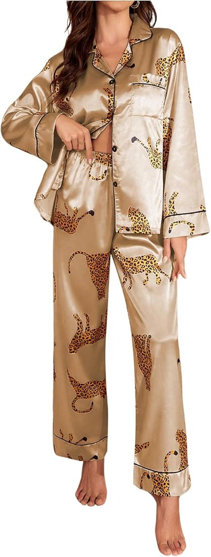 SOLY HUX Women's Leopard Print Silk Satin Pajama Set Long Sleeve Button Down Shirt Pj Set 2 Piece... | Amazon (US)