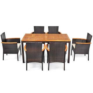 7-Piece Wicker Outdoor Dining Set Patio Rattan Table and Chairs Set with Umbrella Hole and Yellowish Cushions | The Home Depot