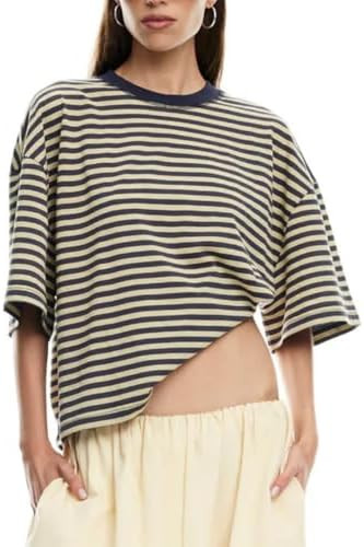 Y2k Women Oversized Striped Shirt Short Sleeve Crewneck Loose Fit T Shirts Casual Blouse Tee Fair... | Amazon (US)