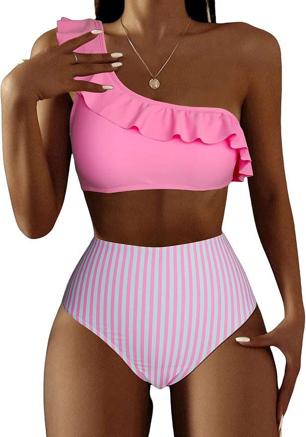MakeMeChic Women's 2 Piece Swimsuit Striped Ruffle Trim One Shoulder High Waisted Bikini Set Bath... | Amazon (US)
