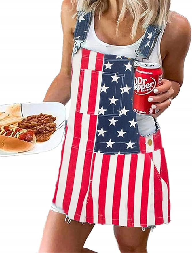 Muineobuka Women Denim Overall Dress Adjustable Straps American Flag Jumpsuit Outfits Streetwear | Amazon (US)