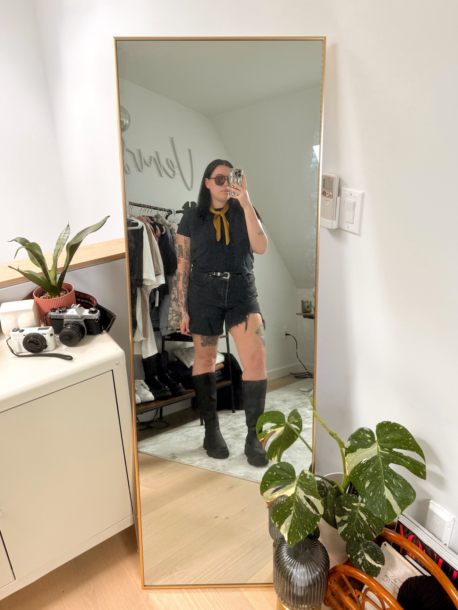 🖤 Embrace your boldness with this midsize masculine lesbian summer style! Featuring size 14-16 black mid-length shorts, a classic black tee, a chic neck scarf, sunglasses, and striking calf-high boots. Perfect for those who love a mix of comfort and edge. Dive into this fashion-forward look and inspire your unique style journey. #LesbianFashion #MasculineStyle #MidsizeInspo #SummerOutfit Midsize Fashion | Masc Outfit Inspiration | Lesbian Outfit | WLW Clothing 

#LTKmidsize