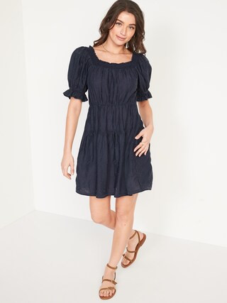 Puff-Sleeve Tiered Smocked Embroidered Mini Swing Dress for Women | Old Navy (US)