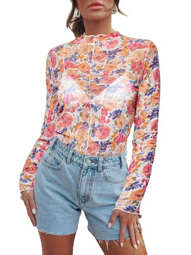 Mesh Long Sleeve Tops for Women Floral Lace Undershirt Sheer Top Mock Neck Fitted Blouse Sexy Going Out Outfits Party - Flower Pink XS | Amazon (US)