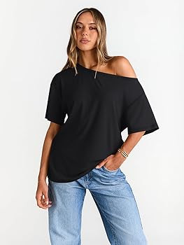 Trendy Queen Womens Off The Shoulder Tops Oversized T-Shirts Short Sleeve Tees Summer 2026 Casual... | Amazon (US)
