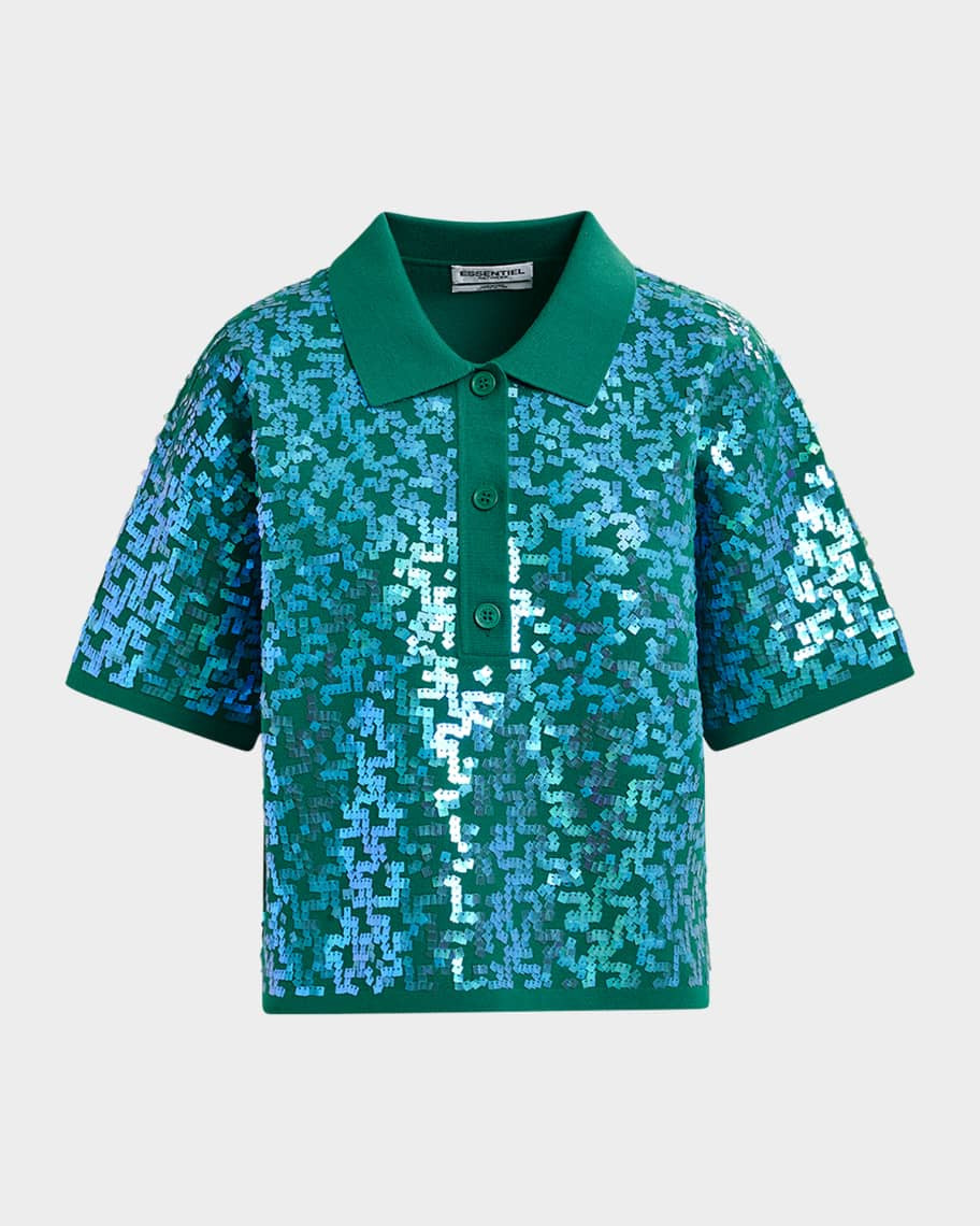 Essentiel Antwerp Glitz Sequin-Embroidered Short-Sleeve Polo Top | Neiman Marcus