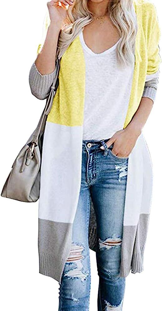 KIRUNDO Women’s Open Front Long Cardigan Stripe Color Block Long Sleeves Lightweight Knit Fall ... | Amazon (US)