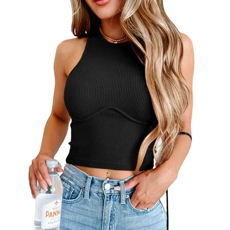 Women s Summer Mini Knit Tank Tops Solid Color Sleeveless O Neck Ribbed Fashion Crop Tops (Black S) | Walmart (US)