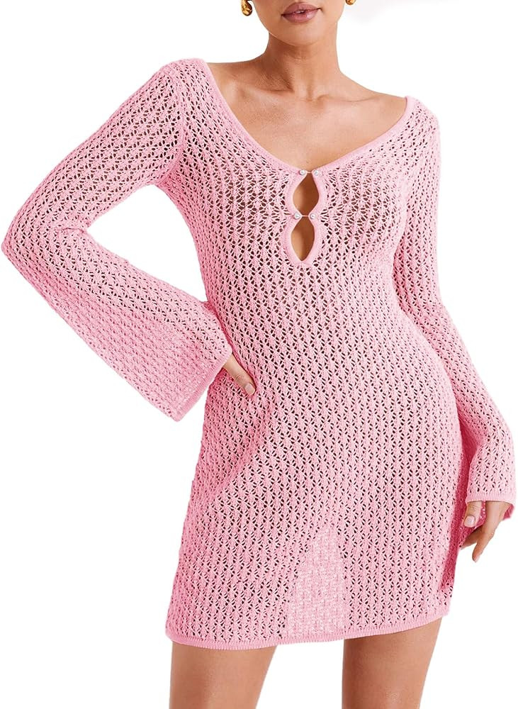 Saodimallsu Womens Crochet Swimsuit Coverup Summer Sexy V Neck Long Bell Sleeve Mesh Knit Bikini ... | Amazon (US)