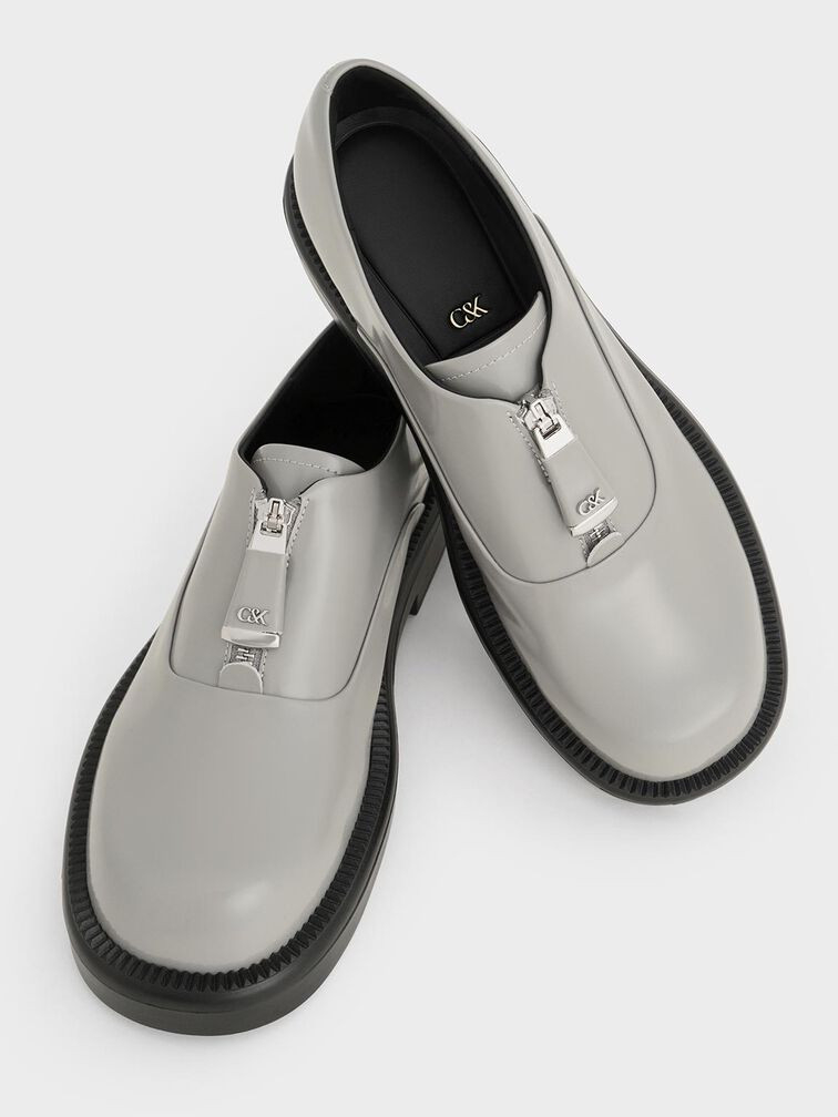 Grey Nina Leather Zip-Up Loafers | CHARLES & KEITH | Charles & Keith US