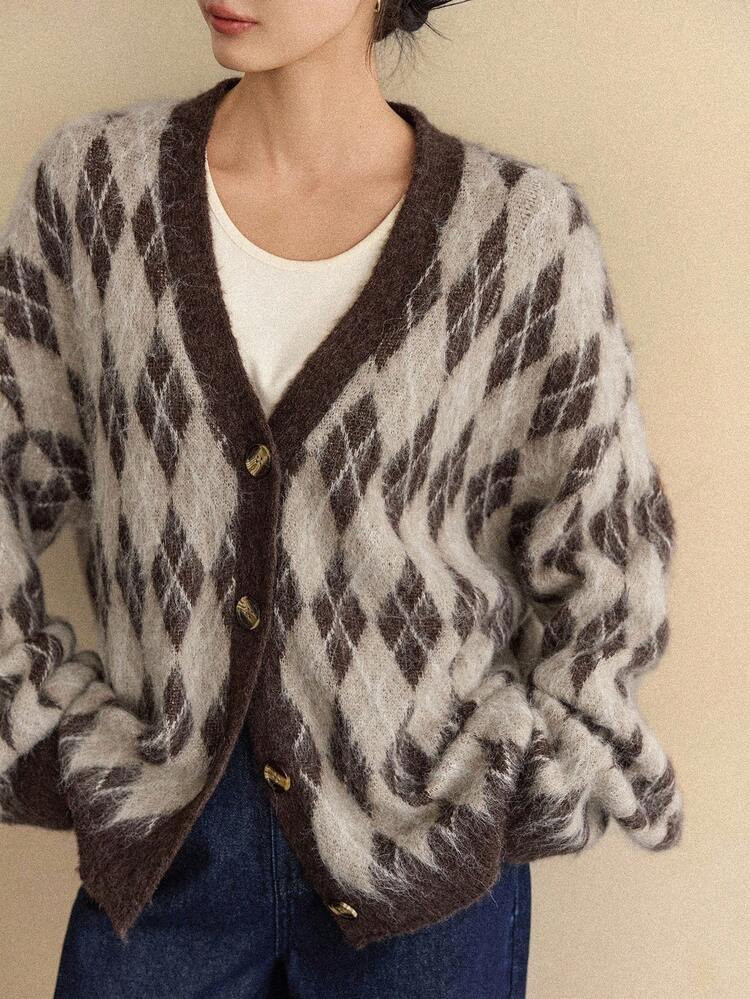 Dazy-Less Cardigan Casual E Ampio Da Donna Con Motivo Geometrico E Blocchi Di Colore, Moda Per L'ufficio, Adatto Per Autunno/Inverno | SHEIN