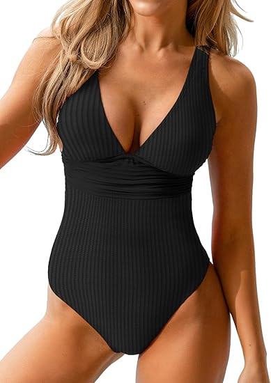 CUPSHE Women's One Piece Swimsuit Wide Straps V Neck Ruched Textured Ribbed Twist Back | Amazon (US)