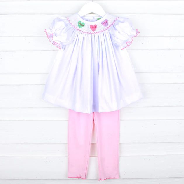 Candy Hearts White & Pink Smocked Legging Set | Classic Whimsy