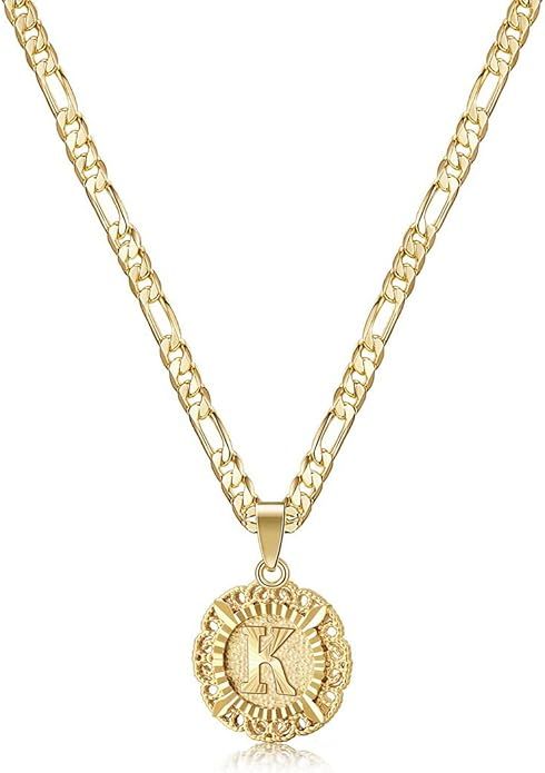 KissYan Initial Necklace For Women Girl,14K Gold Plated Round Letter Pendant Necklace Capital Mon... | Amazon (US)
