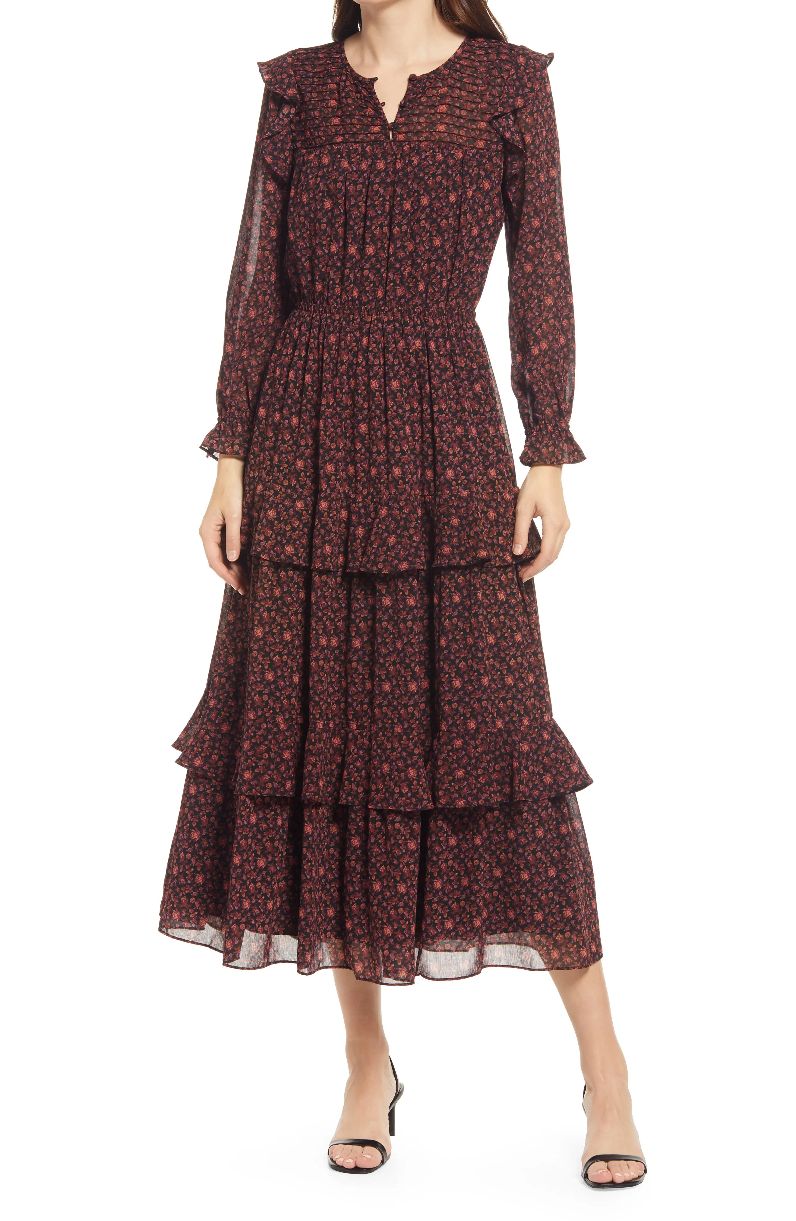 Madewell Orchard Floral (Re)sourced Georgette Tiered Ruffle Midi Dress in Warm Violet at Nordstrom,  | Nordstrom