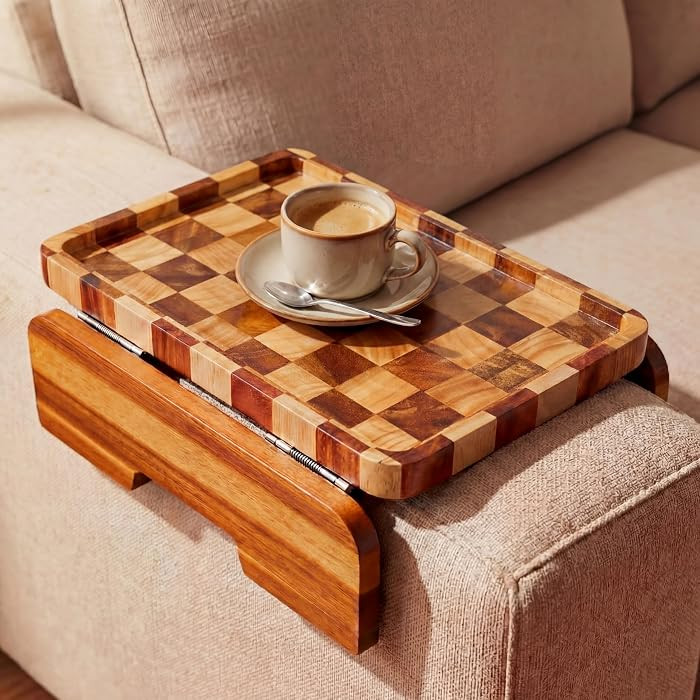 Acacia Wood Checkered Sofa Armrest Tray, 13.75" x 9.5" Double Hinge Couch Arm Table, Clip on Sofa... | Amazon (US)