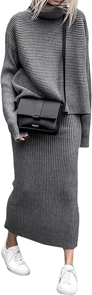 ebossy Womens Ribbed Knit Sweater Outfits Casual Loose 2 Piece Turtleneck Pullovers Elastic Waist... | Amazon (US)