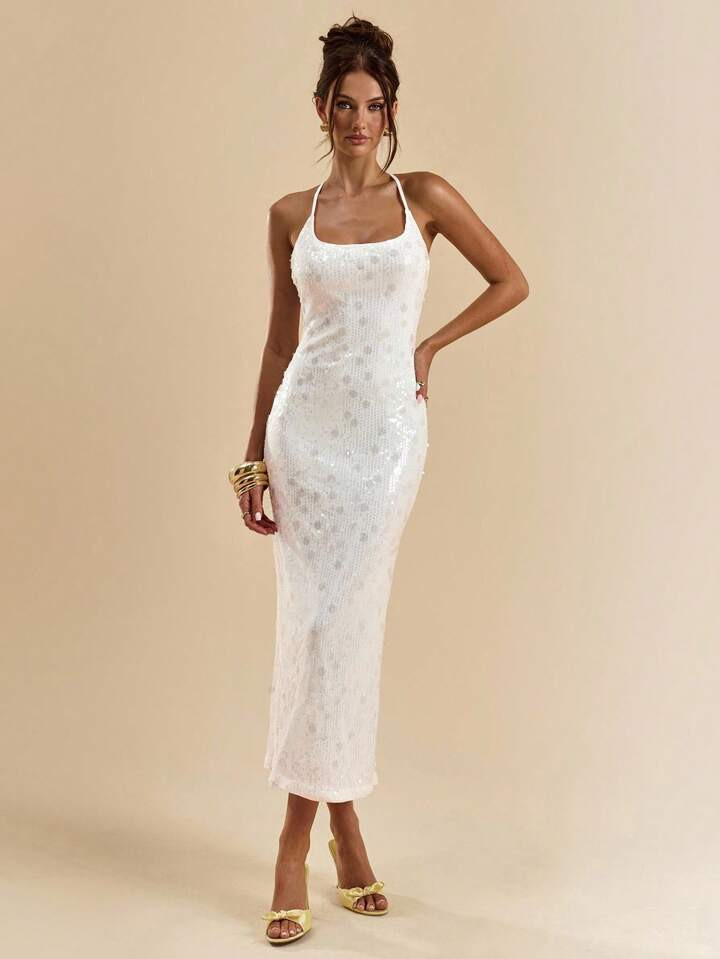 SHEIN BAE Summer Sexy Gorgeous Mint Green Sequins Boho Beach Vacationconcert Outfit Women Halter Neck Summer Dress,Summer Outfits For Women,Club Outfits Women Sexy,Sparkle Vacation Dress, Party Dress | SHEIN
