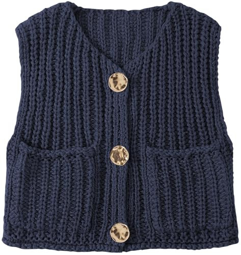 UEU Women Button Down Knit Sweater Vest Button Down Chunky Sleeveless Cardigan Trendy Crochet Tank Top Cute Y2K Tops Navy Medium | Amazon (US)