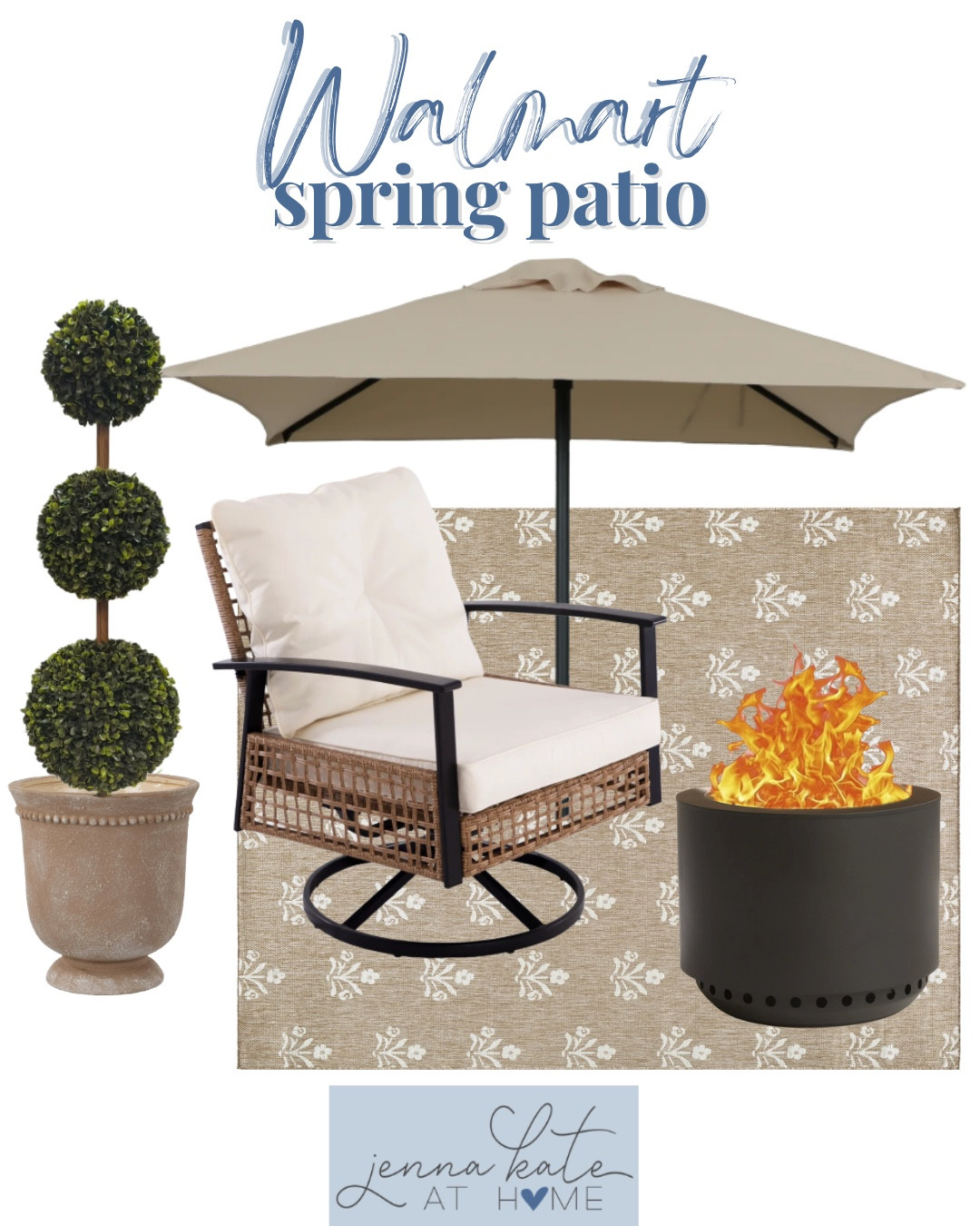 Walmart Patio includes outdoor rug, patio chair, fire pit? Umbrella, planter, faux greenery.

Home decor, outdoor decor, patio decor, spring patio

#LTKSaleAlert #LTKHome #LTKSeasonal