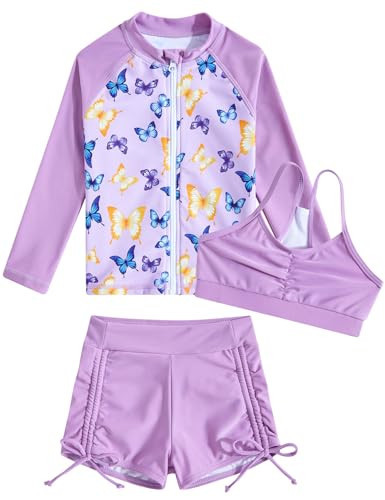 Funnycokid Girls Swimsuits Size 10-12 Kids Bathing Suit Shorts Rash Guard Long Sleeve 3 Pieces Purple Butterflies Bikini Zipper Swimwear | Amazon (US)