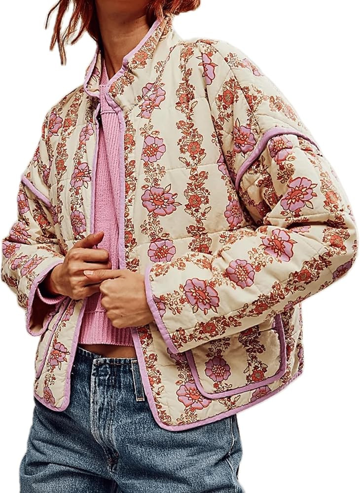 Mingzhu Womens Oversized Open Front Floral Print Quilted Puffer Jacket Lightweight Puffy Short Ja... | Amazon (US)