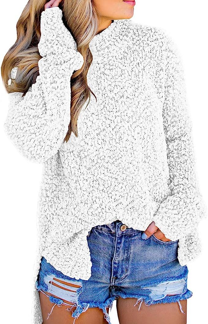 Imily Bela Womens Fuzzy Knitted Sweater Sherpa Fleece Side Slit Full Sleeve Jumper Outwears | Amazon (US)