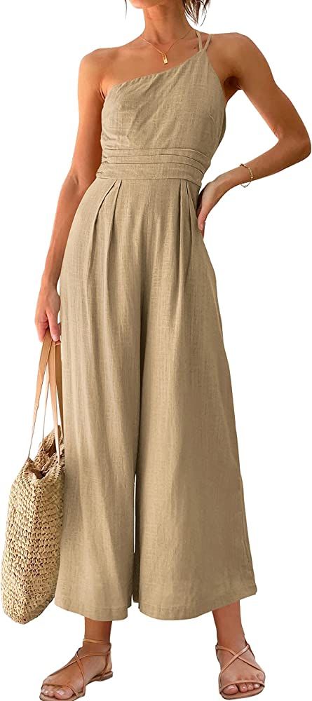 ANRABESS Women's Summer Straps One Shoulder High Waist Casual Wide Leg Linen Jumpsuit Romper with... | Amazon (US)