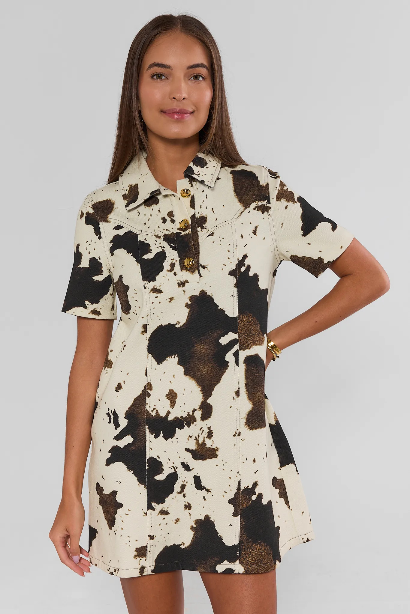 Ivory Cow Print Collared Short Dress | Avara