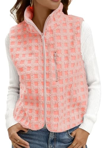 Tankaneo Womens Checkered Sherpa Vest Fleece Fuzzy Zip Up Sleeveless Jacket Casual 2025 Winter Warm Outwear Pink | Amazon (US)