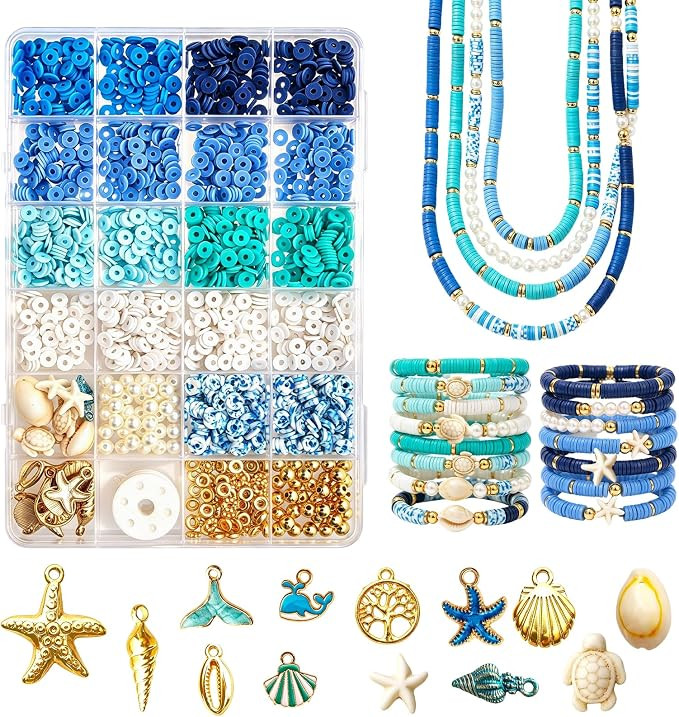 Blue Clay Bead Bracelet Kit Ocean Theme Flat Clays Beads Gold Spacer Beads | Blue Winter Polymer ... | Amazon (US)