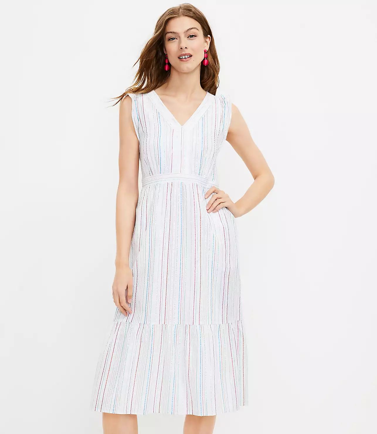 Shimmer Stripe Ruffle Midi Pocket Dress | LOFT