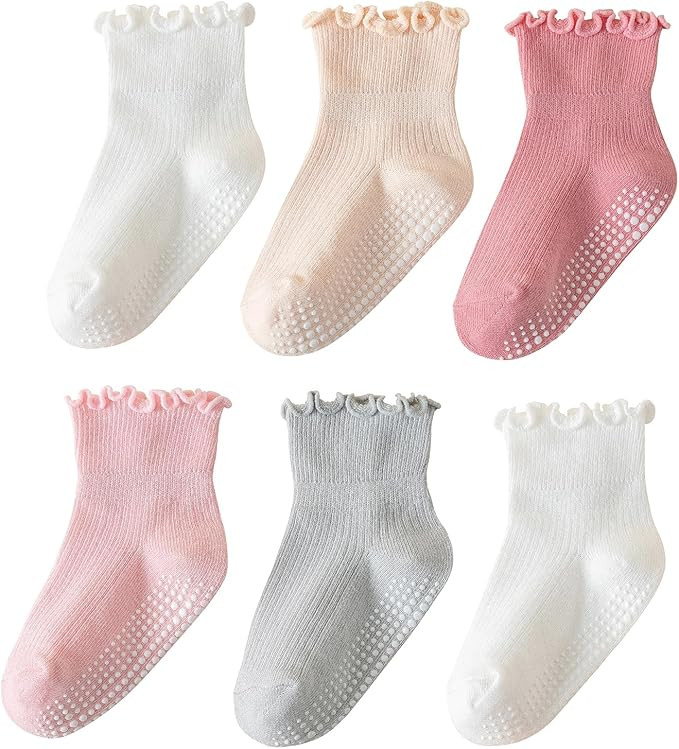 6 Pairs Toddler Ruffle Socks for Girls Baby Grip Socks Non Slip Socks Cute Grippy Frilly Socks | Amazon (US)