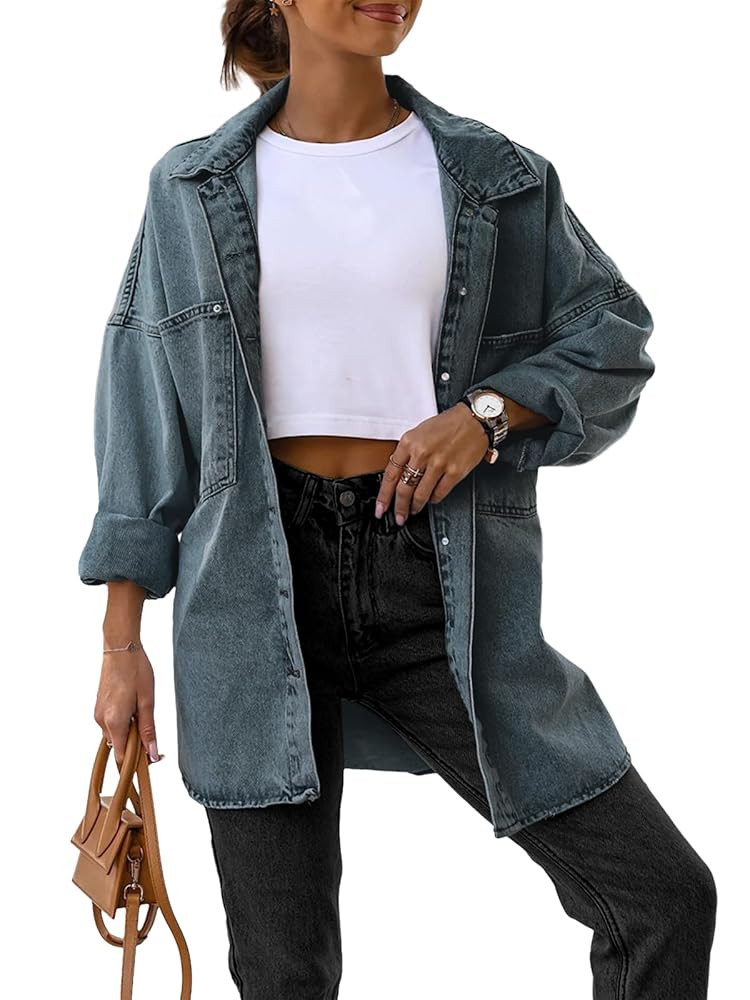 Saodimallsu Women's Oversized Denim Jackets Casual Button Down Long Boyfriend Jean Coats with Poc... | Amazon (US)