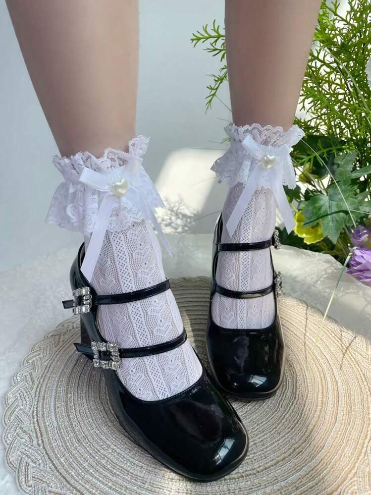 1 Pair Women's Calf Socks With Lace, Bowknot, Pearl Embellishment, Cute Lolita Style, Mid-Calf Length, One Size, College Style, Fall | SHEIN